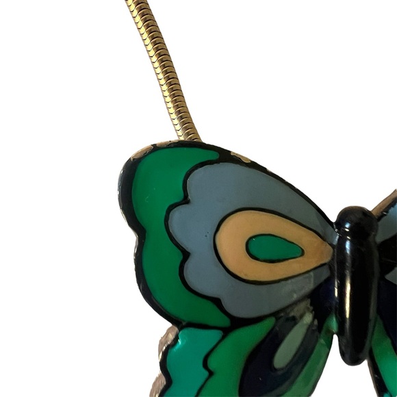 Eisenberg • Vintage Enamel Modernist Butterfly Pendant Necklace Gold Tone Green - Picture 5 of 15